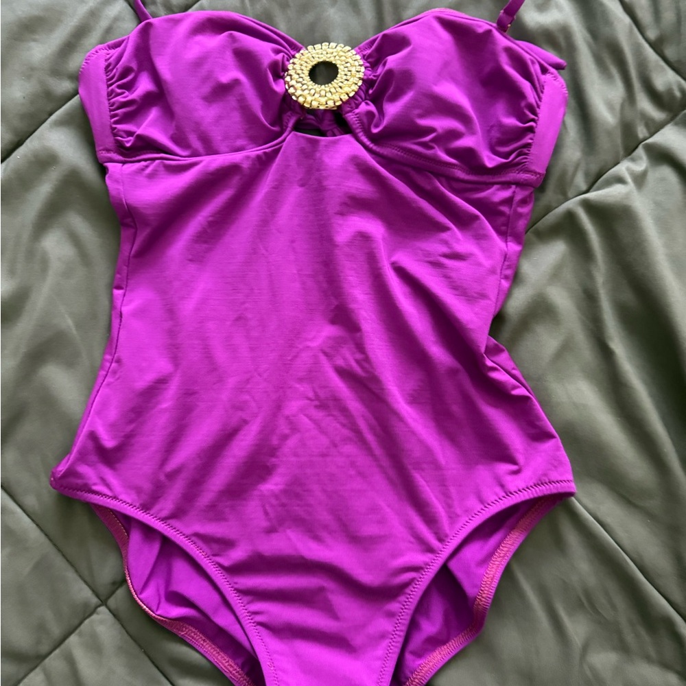 Purple One-Piece Swimsuit with Gold Accent